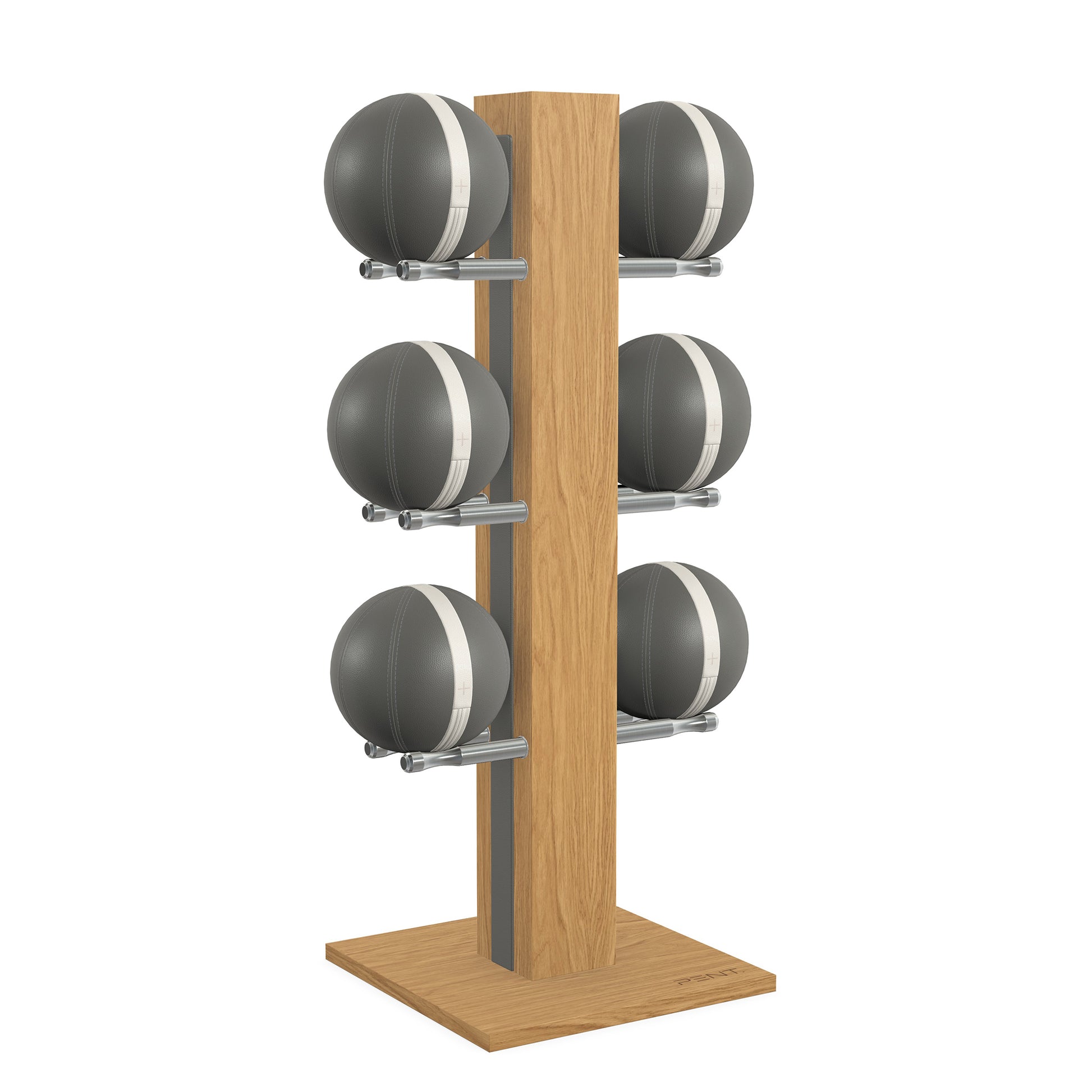 Luxury fitness equipment,  6 leather medicine ball on vertical wooden stand, handcrafted with premium Italian grey leather and natural oak wood. PENT. MOXA Set