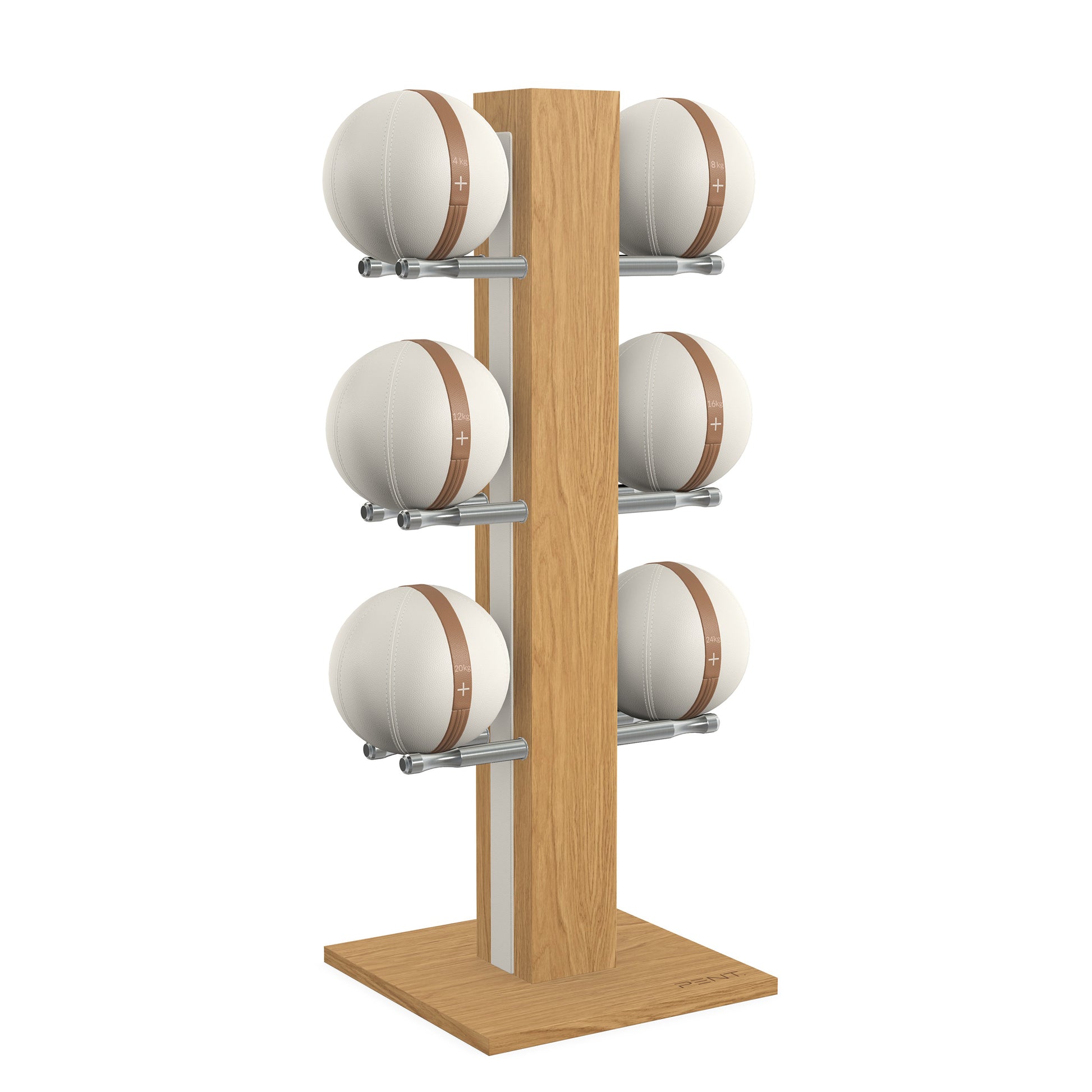 Luxury fitness equipment,  6 leather medicine ball on vertical wooden stand, handcrafted with premium Italian white leather and natural oak wood. PENT. MOXA Set