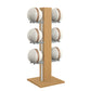 Luxury fitness equipment,  6 leather medicine ball on vertical wooden stand, handcrafted with premium Italian white leather and natural oak wood. PENT. MOXA Set