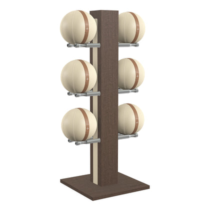 Luxury fitness equipment,  6 leather medicine ball on vertical wooden stand, handcrafted with premium Italian beige leather and dark walnut wood. PENT. MOXA Set