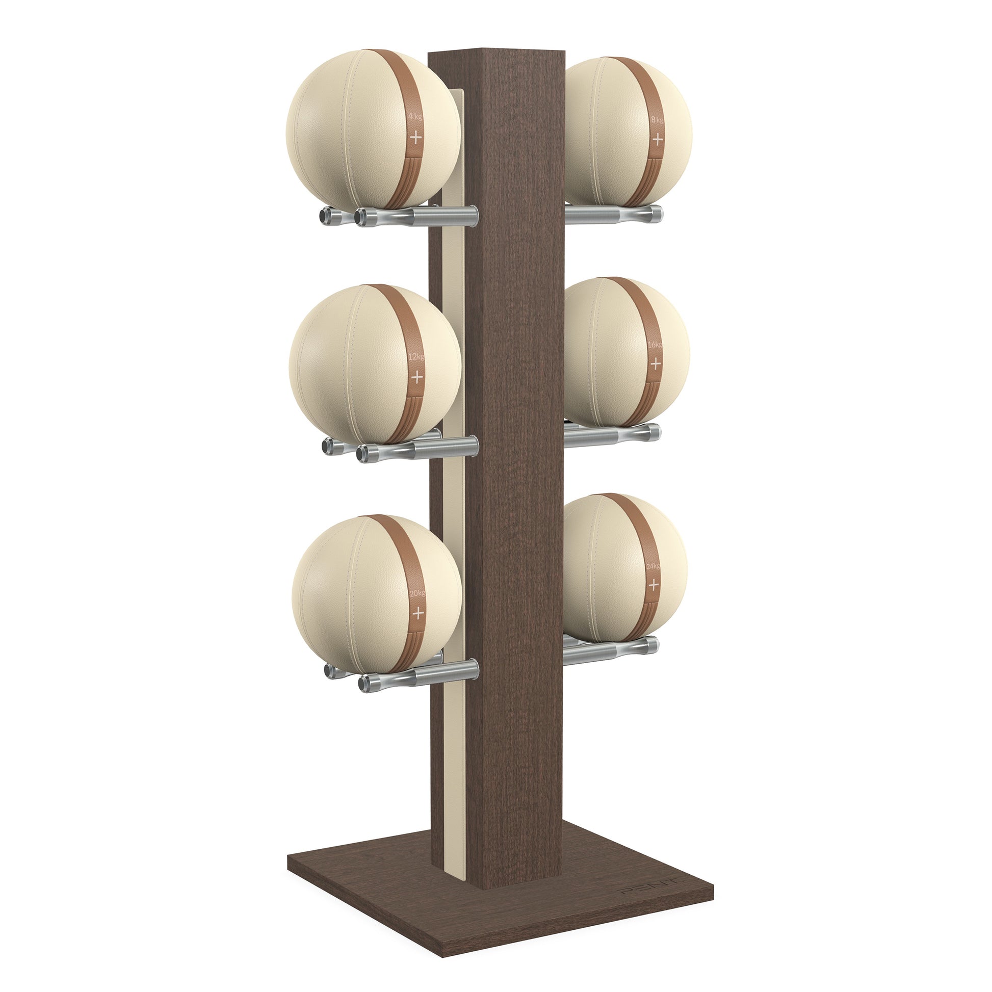 Luxury fitness equipment,  6 leather medicine ball on vertical wooden stand, handcrafted with premium Italian beige leather and dark walnut wood. PENT. MOXA Set