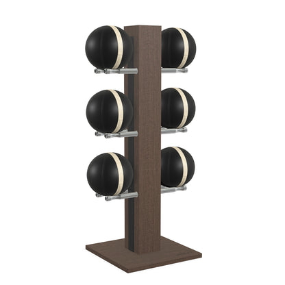 Luxury fitness equipment,  6 leather medicine ball on vertical wooden stand, handcrafted with premium Italian black leather and dark walnut wood. PENT. MOXA Set