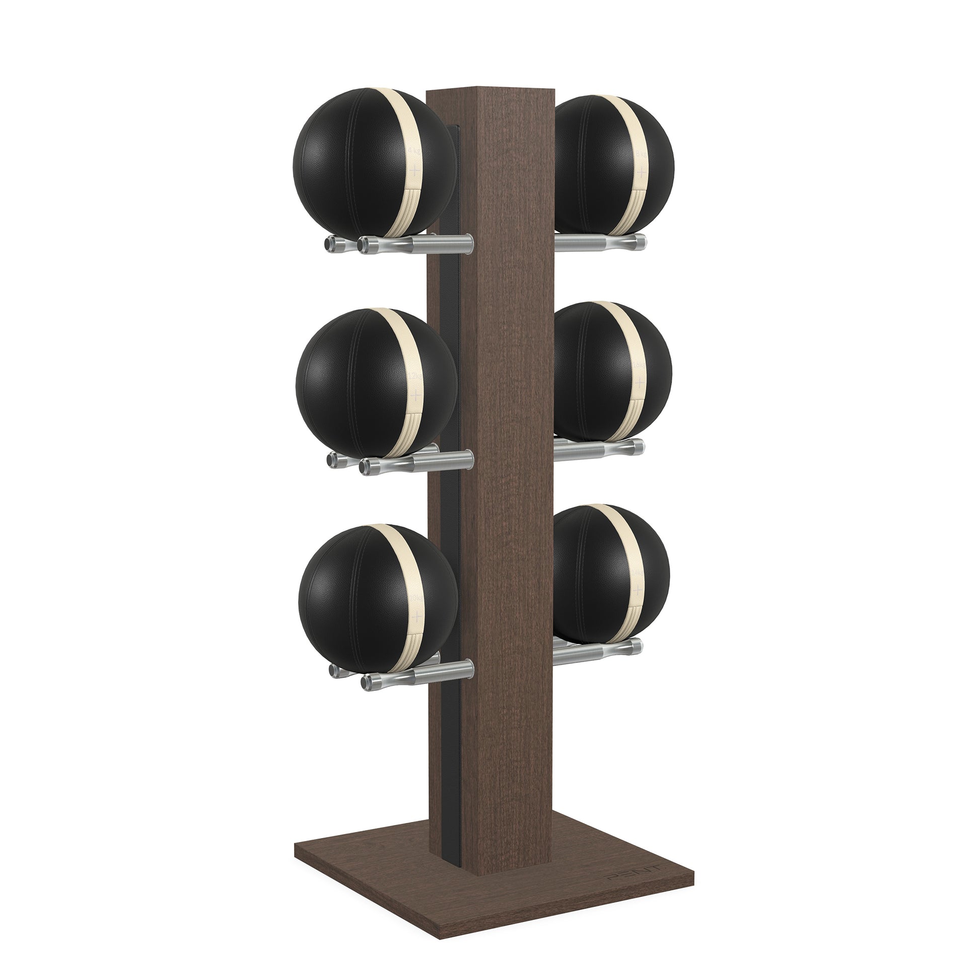 Luxury fitness equipment,  6 leather medicine ball on vertical wooden stand, handcrafted with premium Italian black leather and dark walnut wood. PENT. MOXA Set