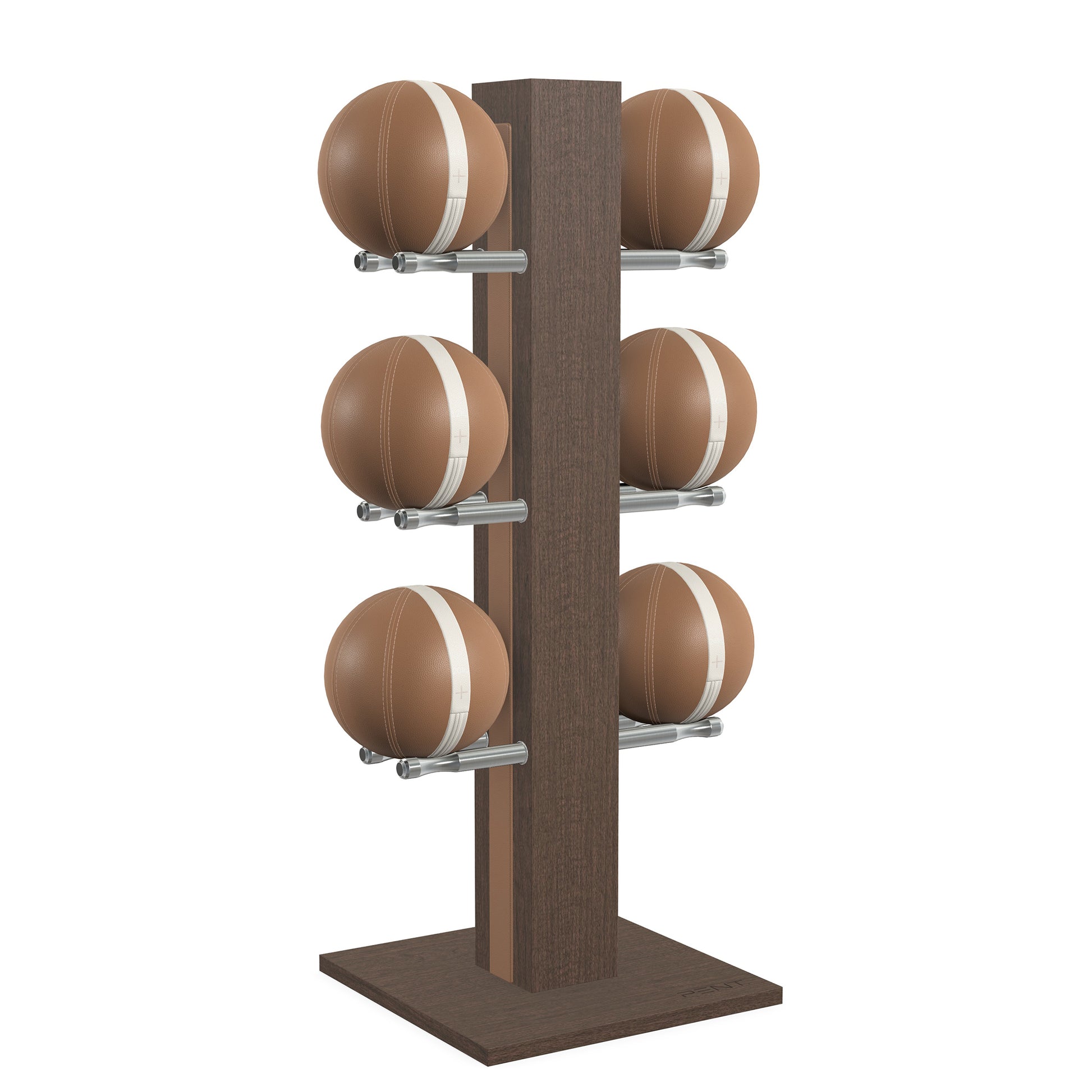 Luxury fitness equipment,  6 leather medicine ball on vertical wooden stand, handcrafted with premium Italian brown leather and dark walnut wood. PENT. MOXA Set