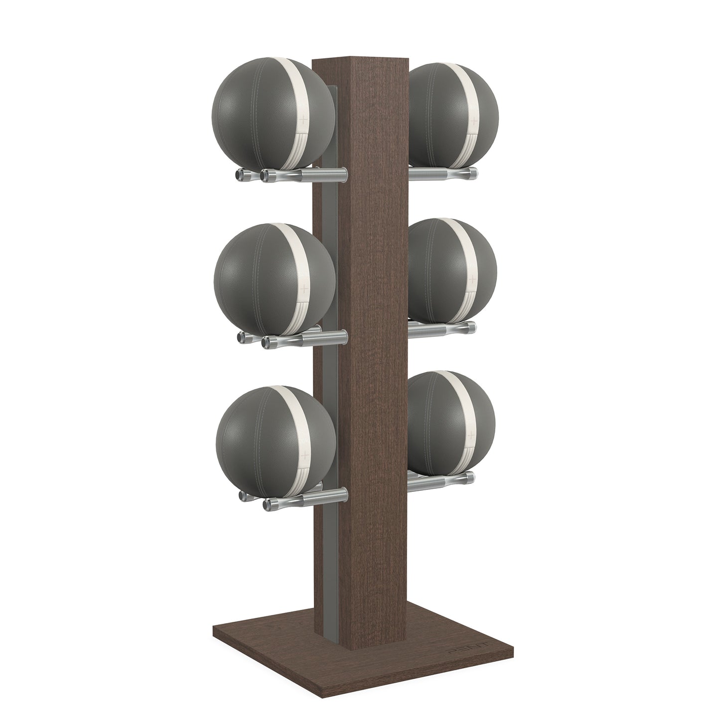 Luxury fitness equipment,  6 leather medicine ball on vertical wooden stand, handcrafted with premium Italian grey leather and dark walnut wood. PENT. MOXA Set