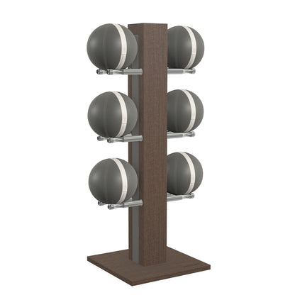 Luxury fitness equipment,  6 leather medicine ball on vertical wooden stand, handcrafted with premium Italian grey leather and dark walnut wood. PENT. MOXA Set