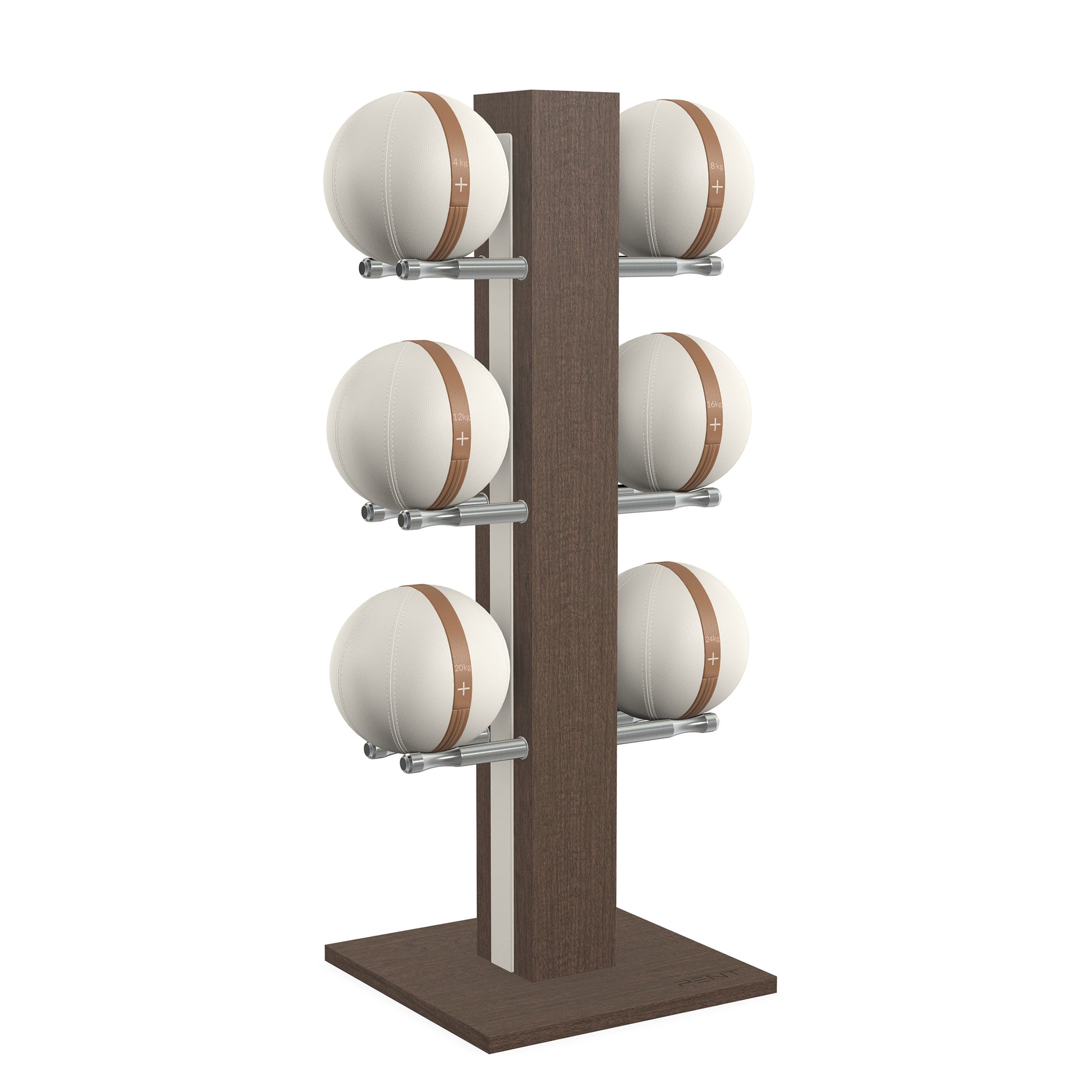 Luxury fitness equipment,  6 leather medicine ball on vertical wooden stand, handcrafted with premium Italian white leather and dark walnut wood. PENT. MOXA Set