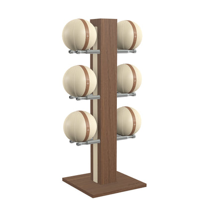 Luxury fitness equipment,  6 leather medicine ball on vertical wooden stand, handcrafted with premium Italian beige leather and natural walnut wood. PENT. MOXA Set