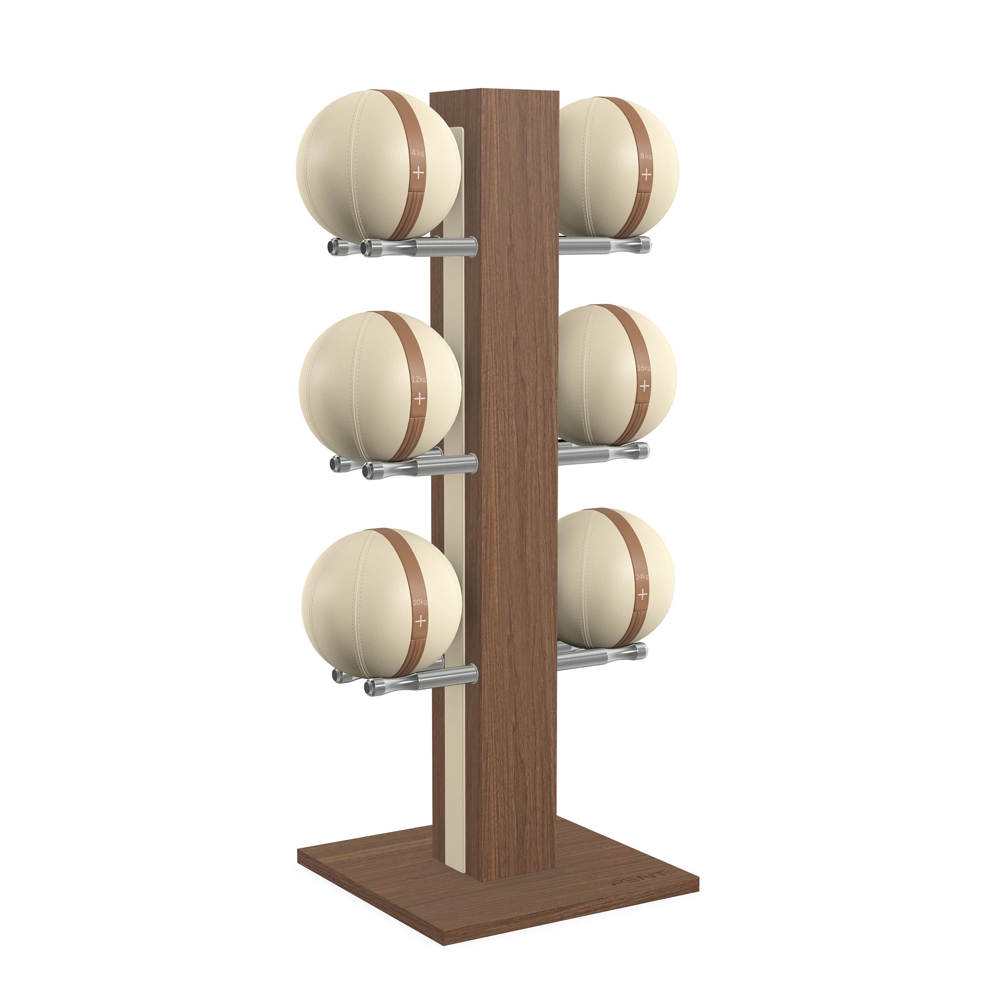 Luxury fitness equipment,  6 leather medicine ball on vertical wooden stand, handcrafted with premium Italian beige leather and natural walnut wood. PENT. MOXA Set