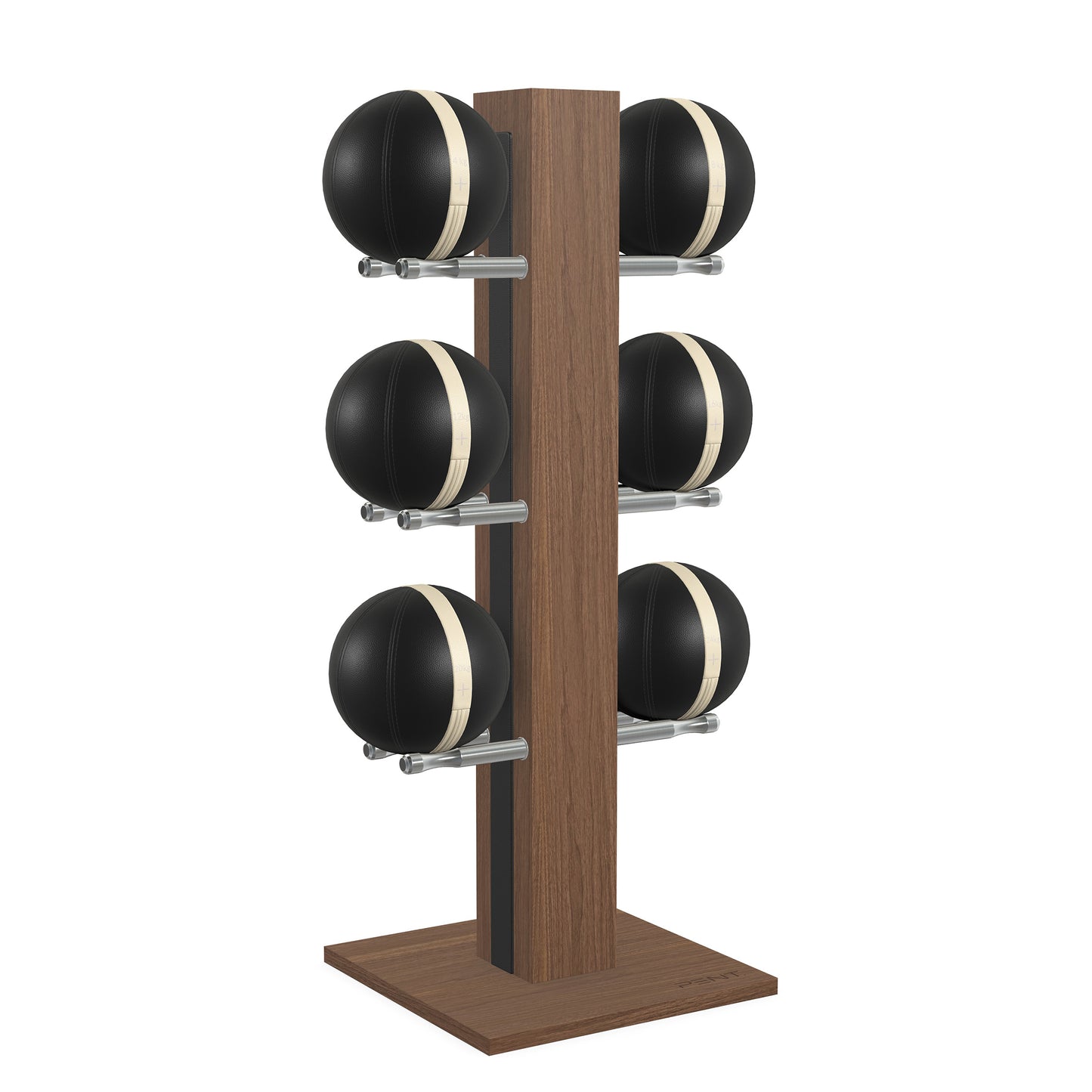 Luxury fitness equipment,  6 leather medicine ball on vertical wooden stand, handcrafted with premium Italian black leather and natural walnut wood. PENT. MOXA Set