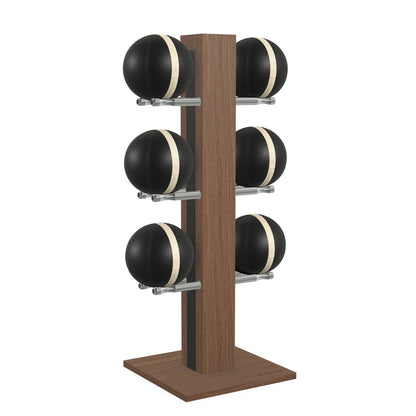 Luxury fitness equipment,  6 leather medicine ball on vertical wooden stand, handcrafted with premium Italian black leather and natural walnut wood. PENT. MOXA Set
