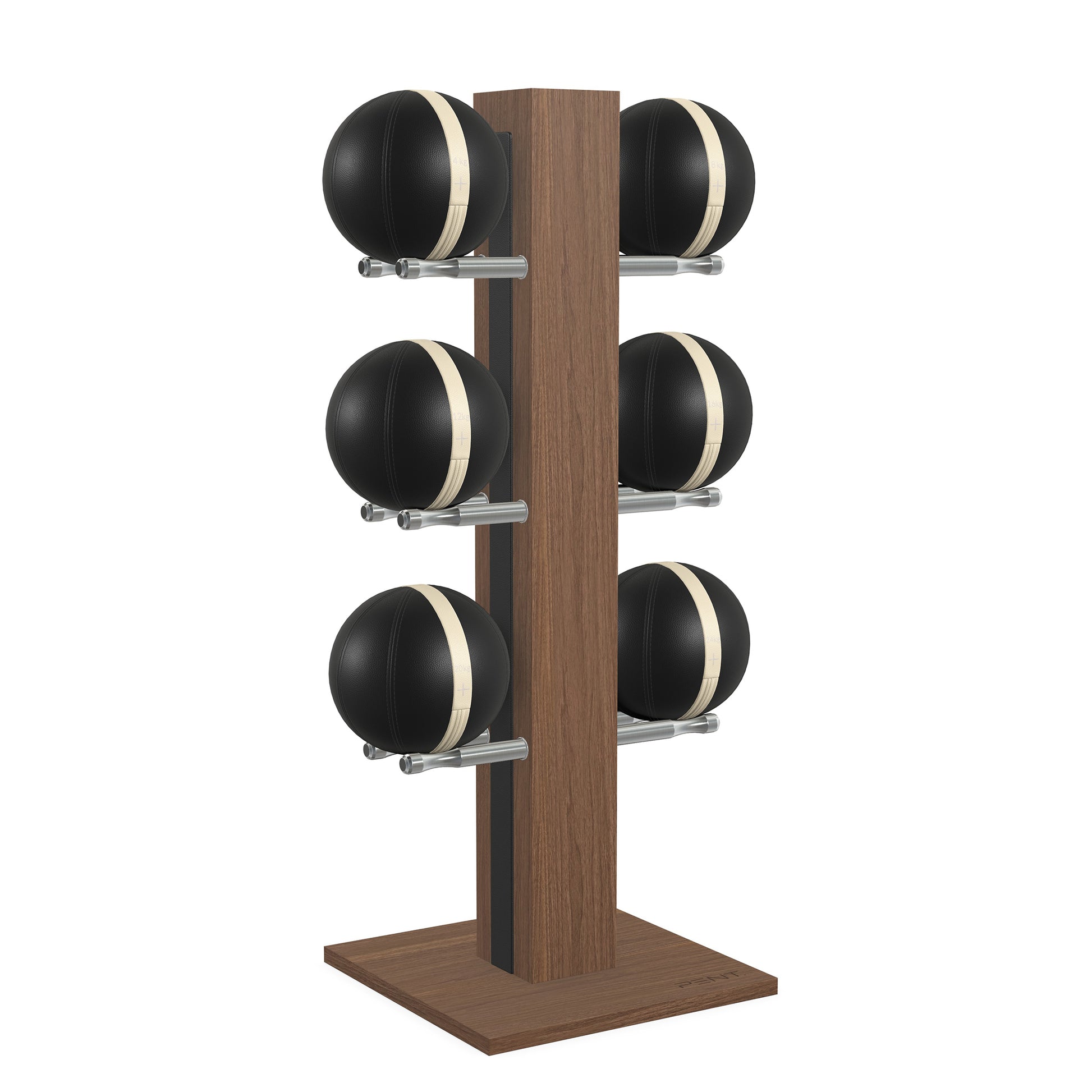 Luxury fitness equipment,  6 leather medicine ball on vertical wooden stand, handcrafted with premium Italian black leather and natural walnut wood. PENT. MOXA Set