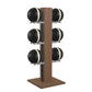 Luxury fitness equipment,  6 leather medicine ball on vertical wooden stand, handcrafted with premium Italian black leather and natural walnut wood. PENT. MOXA Set