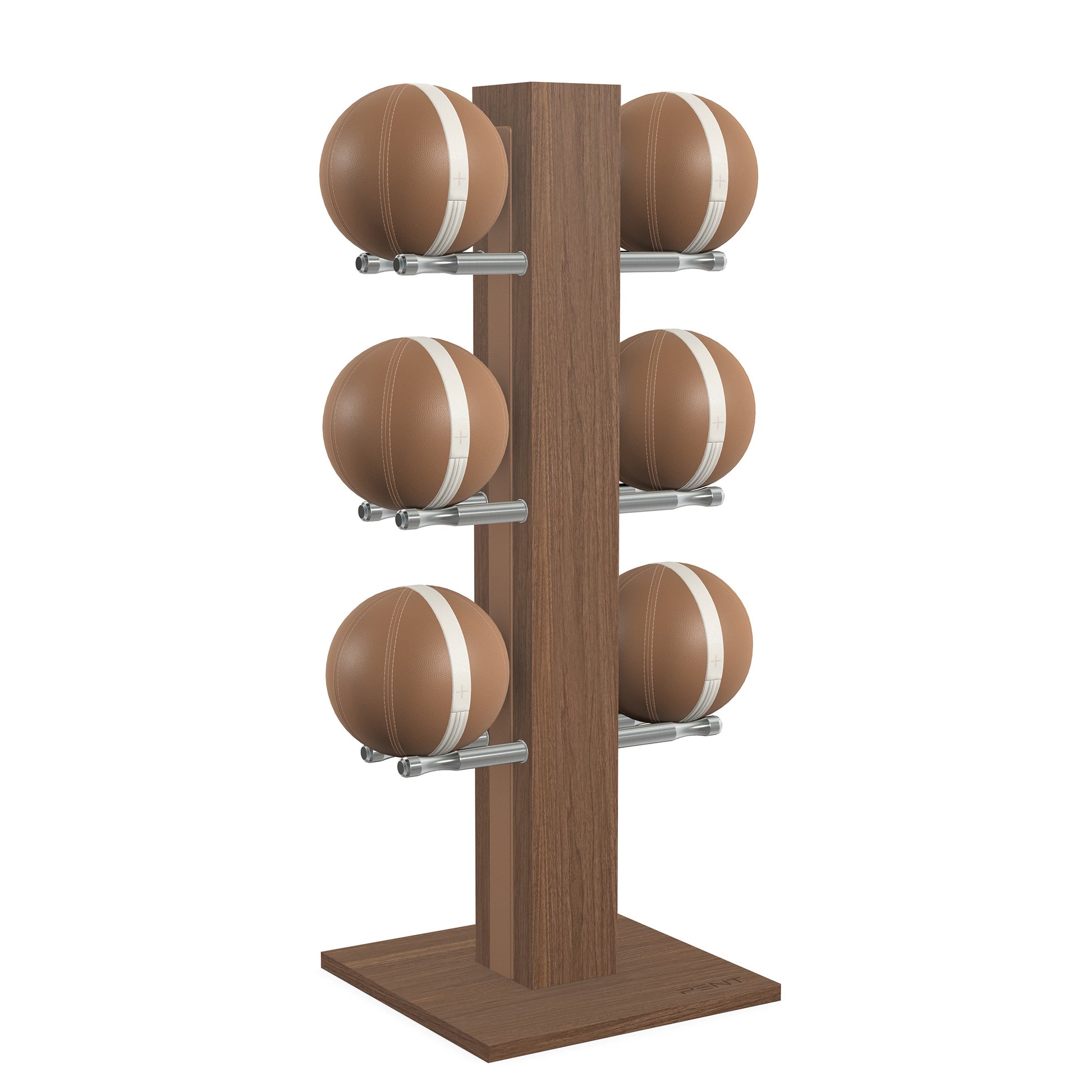 Luxury fitness equipment,  6 leather medicine ball on vertical wooden stand, handcrafted with premium Italian brown leather and natural walnut wood. PENT. MOXA Set