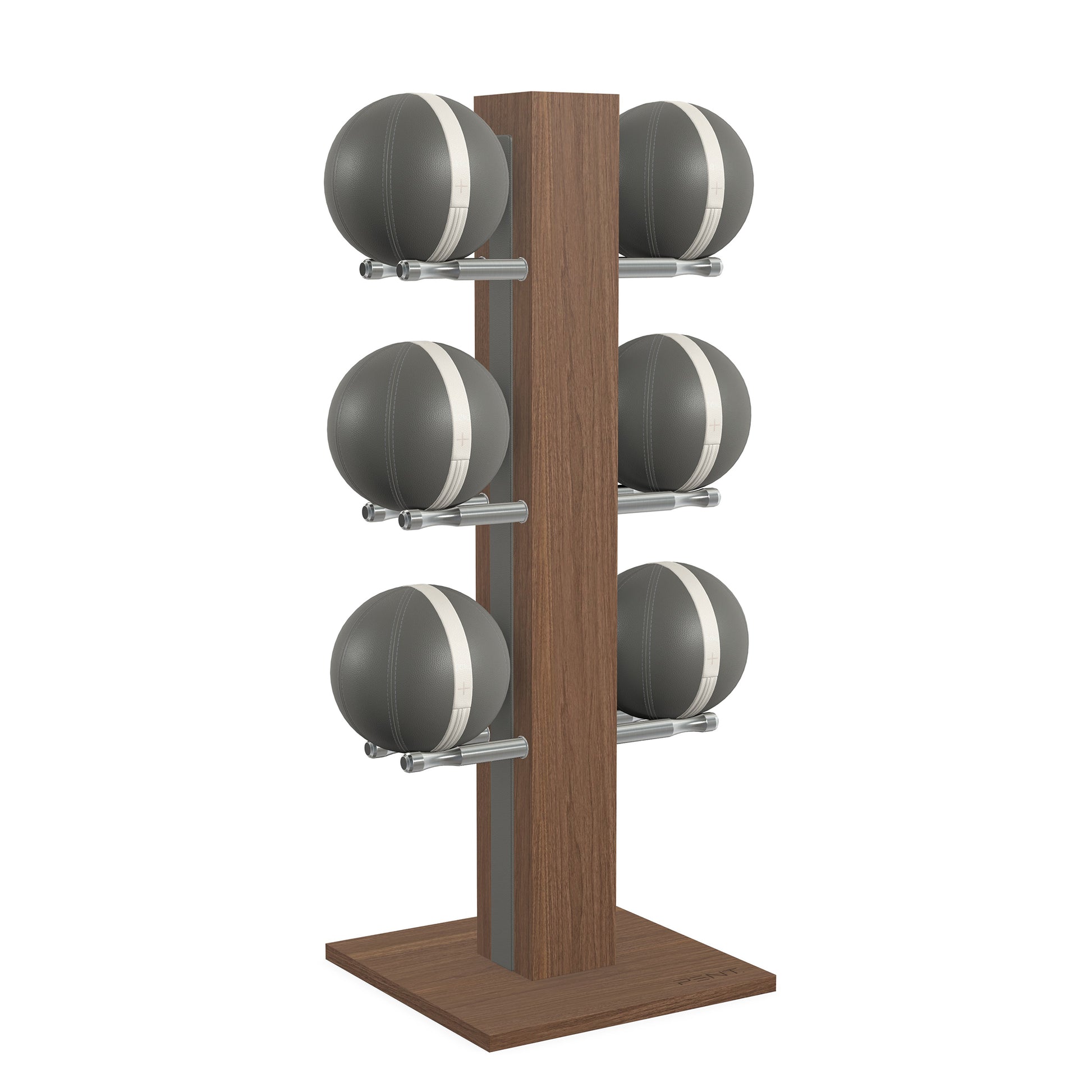 Luxury fitness equipment,  6 leather medicine ball on vertical wooden stand, handcrafted with premium Italian grey leather and natural walnut wood. PENT. MOXA Set