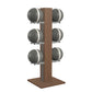 Luxury fitness equipment,  6 leather medicine ball on vertical wooden stand, handcrafted with premium Italian grey leather and natural walnut wood. PENT. MOXA Set