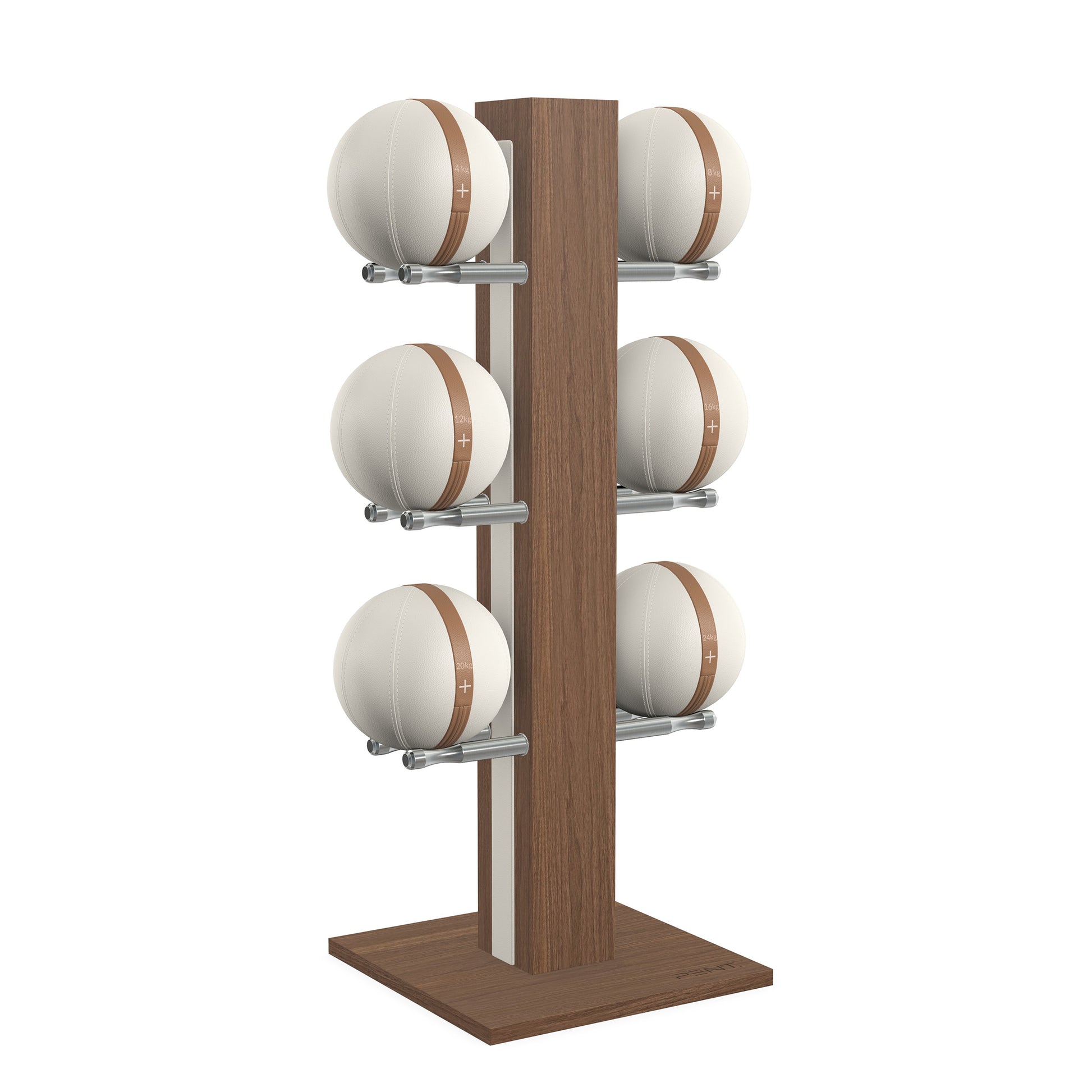 Luxury fitness equipment,  6 leather medicine ball on vertical wooden stand, handcrafted with premium Italian white leather and natural walnut wood. PENT. MOXA Set