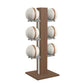 Luxury fitness equipment,  6 leather medicine ball on vertical wooden stand, handcrafted with premium Italian white leather and natural walnut wood. PENT. MOXA Set