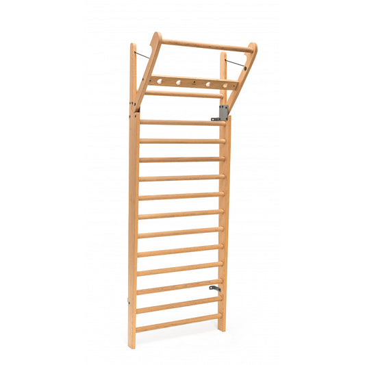 Sideview of a luxury fitness equipment, premium wall bar made with natural wood in oak. NOHRD WallBars
