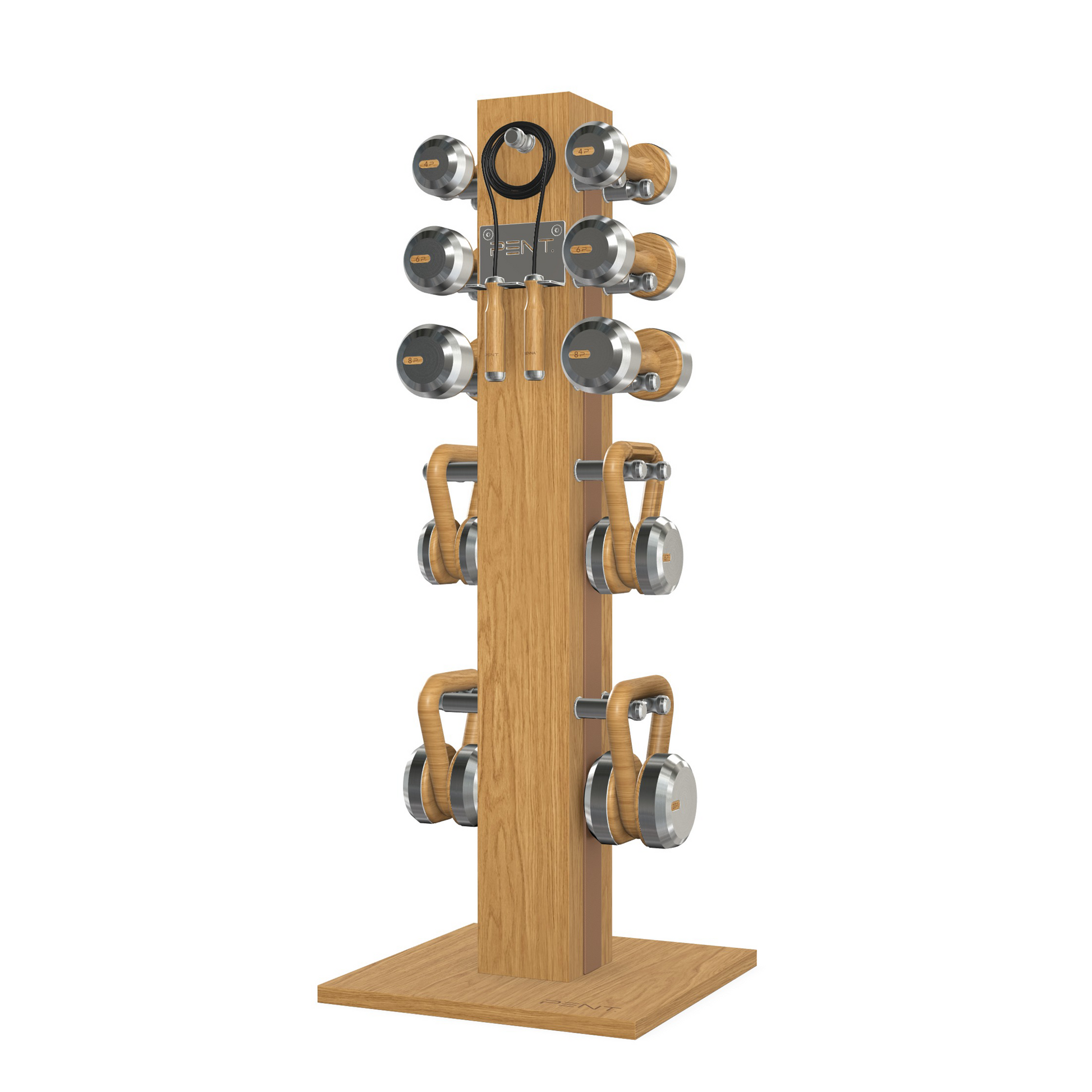  Dumbbells, kettlebells and skipping rope on a vertical oak wooden stand with brown leather, luxury fitness equipment.