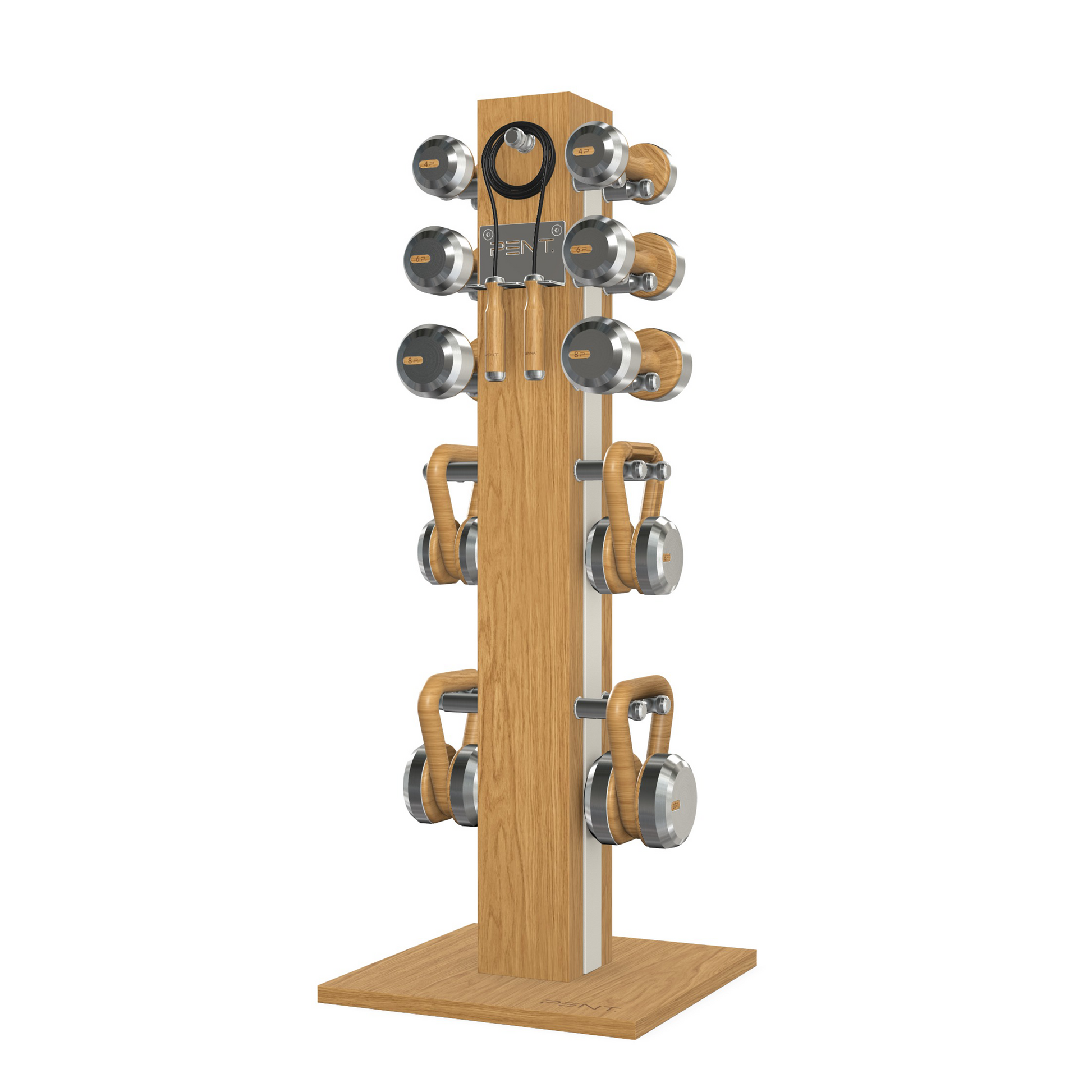  Dumbbells, kettlebells and skipping rope on a vertical oak wooden stand with white leather, luxury fitness equipment.