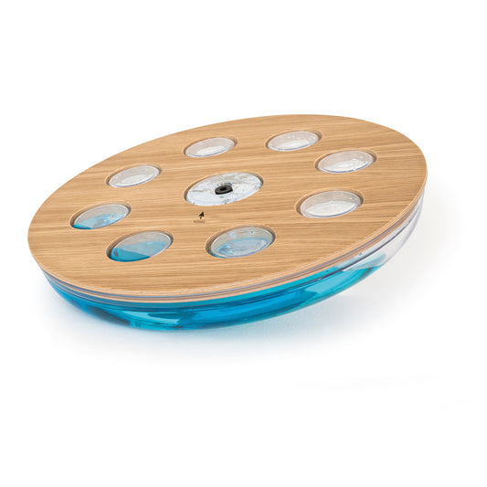 A balance board with natural wood materials that incorporates a water-filled tank, for core stability training. NOHRD Eau-Me Board
