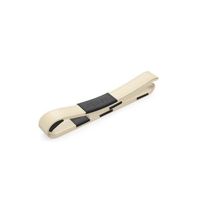 Luxury yoga equipment, handmade yoga strap with luxurious natural Italian leather. Customize in beige base leather and black accent leather. PENT. PASA - Luxury Leather Yoga Strap