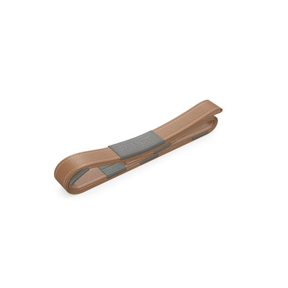 Luxury yoga equipment, handmade yoga strap with luxurious natural Italian leather. Customize in brown base leather and grey accent leather. PENT. PASA - Luxury Leather Yoga Strap