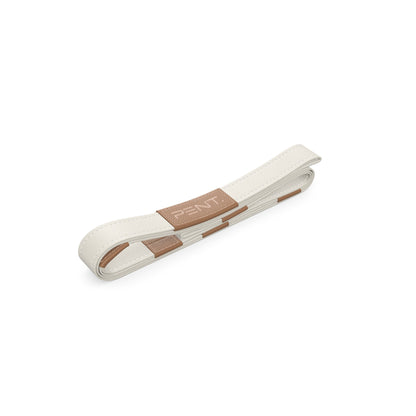 Luxury yoga equipment, handmade yoga strap with luxurious natural Italian leather. Customize in white base leather and brown accent leather. PENT. PASA - Luxury Leather Yoga Strap