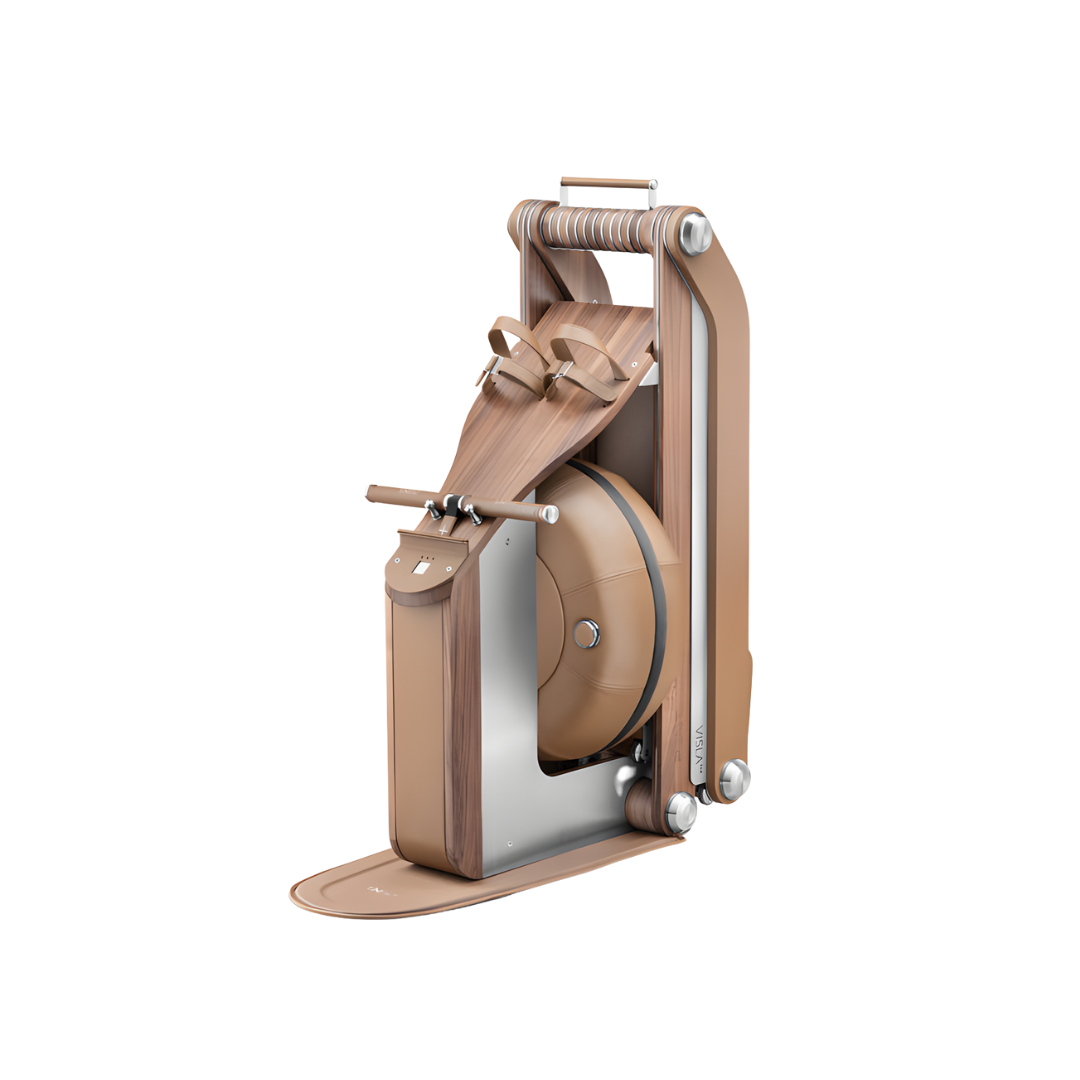 Wooden rowing machine with stainless steel and leather finish