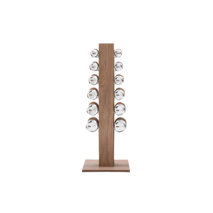 Luxury gym equipment, 6 pair of dumbbells on vertical wooden stand, made with stainless steel, Italian leather and natural wood.