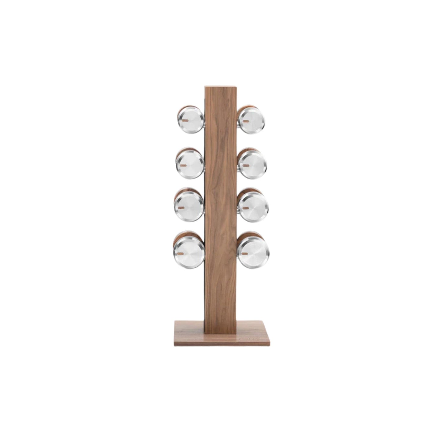 Luxury gym equipment, 4 pair of dumbbells on vertical wooden stand, made with stainless steel, Italian leather and natural wood.