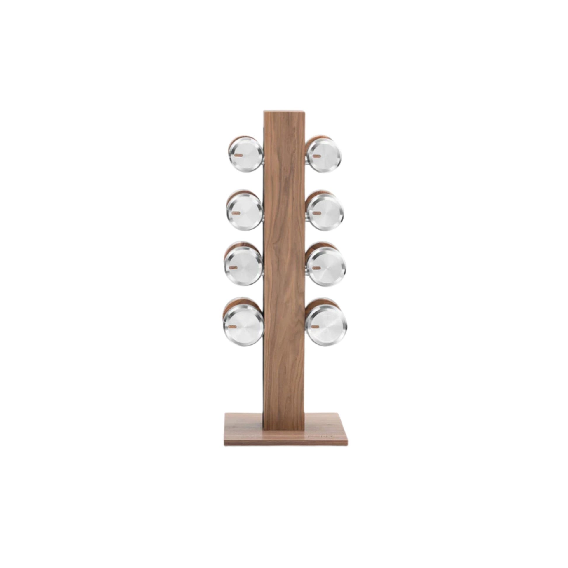 Luxury gym equipment, 4 pair of dumbbells on vertical wooden stand, made with stainless steel, Italian leather and natural wood.