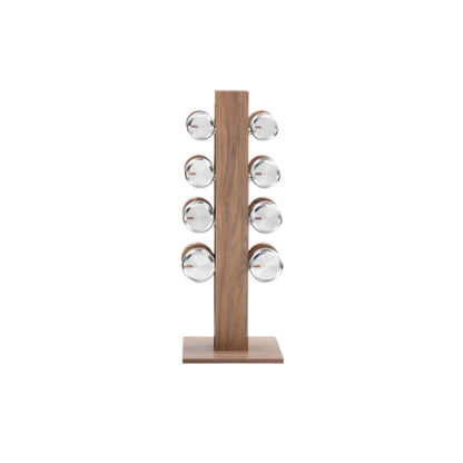 Luxury gym equipment, 4 pair of dumbbells on vertical wooden stand, made with stainless steel, Italian leather and natural wood.