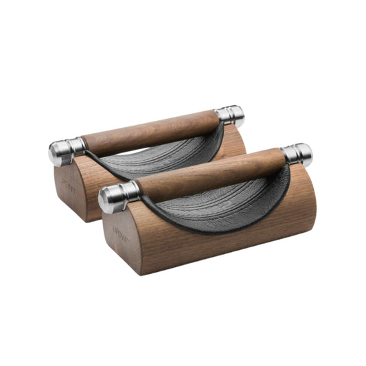 Luxury home gym equipment, premium push up bars handcrafted from fine leather, stainless steel and natural wood. PENT. LIPOVA - Luxury Push-Up Bars