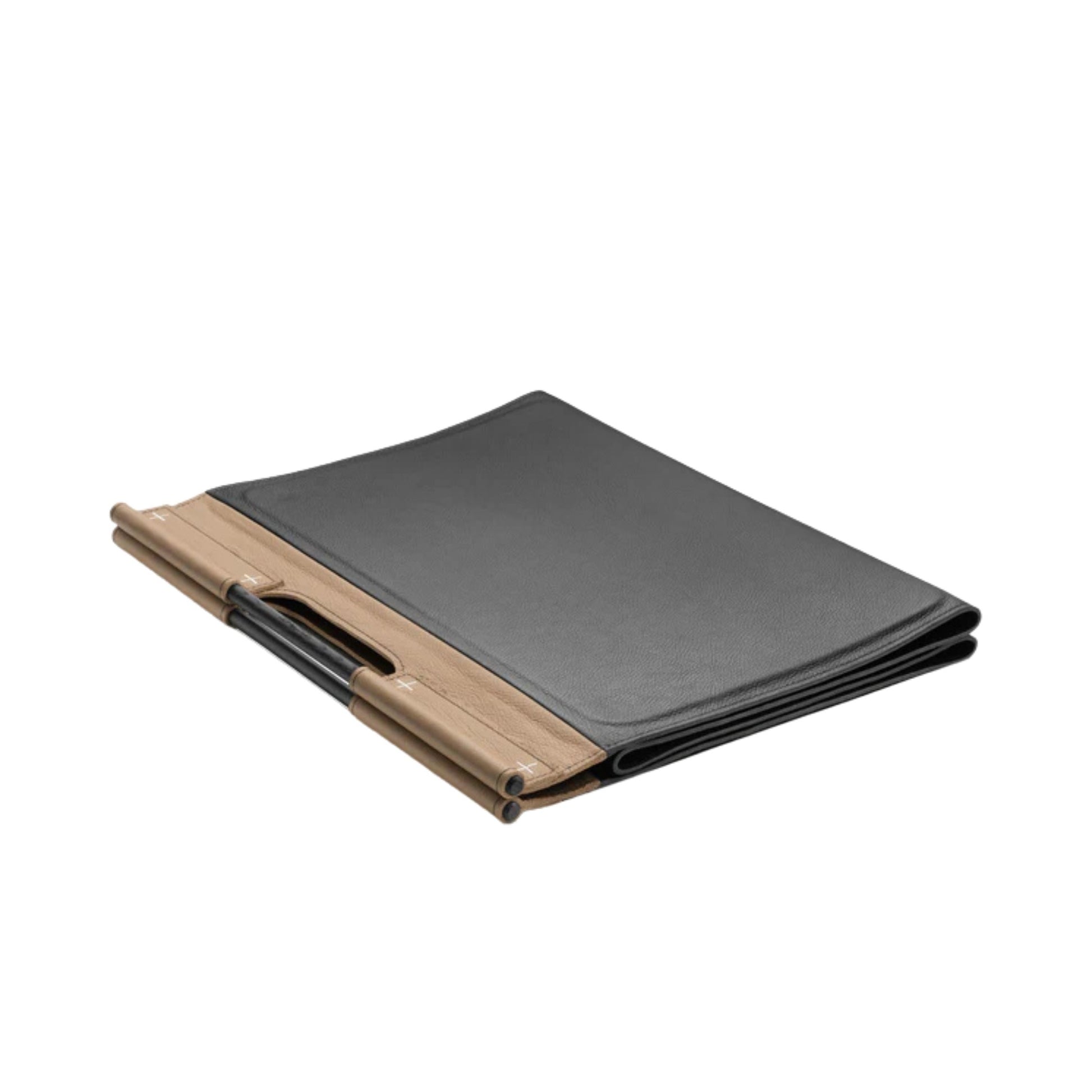 Folded view of the Luxurious fitness equipment, premium exercise mat handcrafted with natural wood and genuine Italian leather, in default black color. PENT. MATA