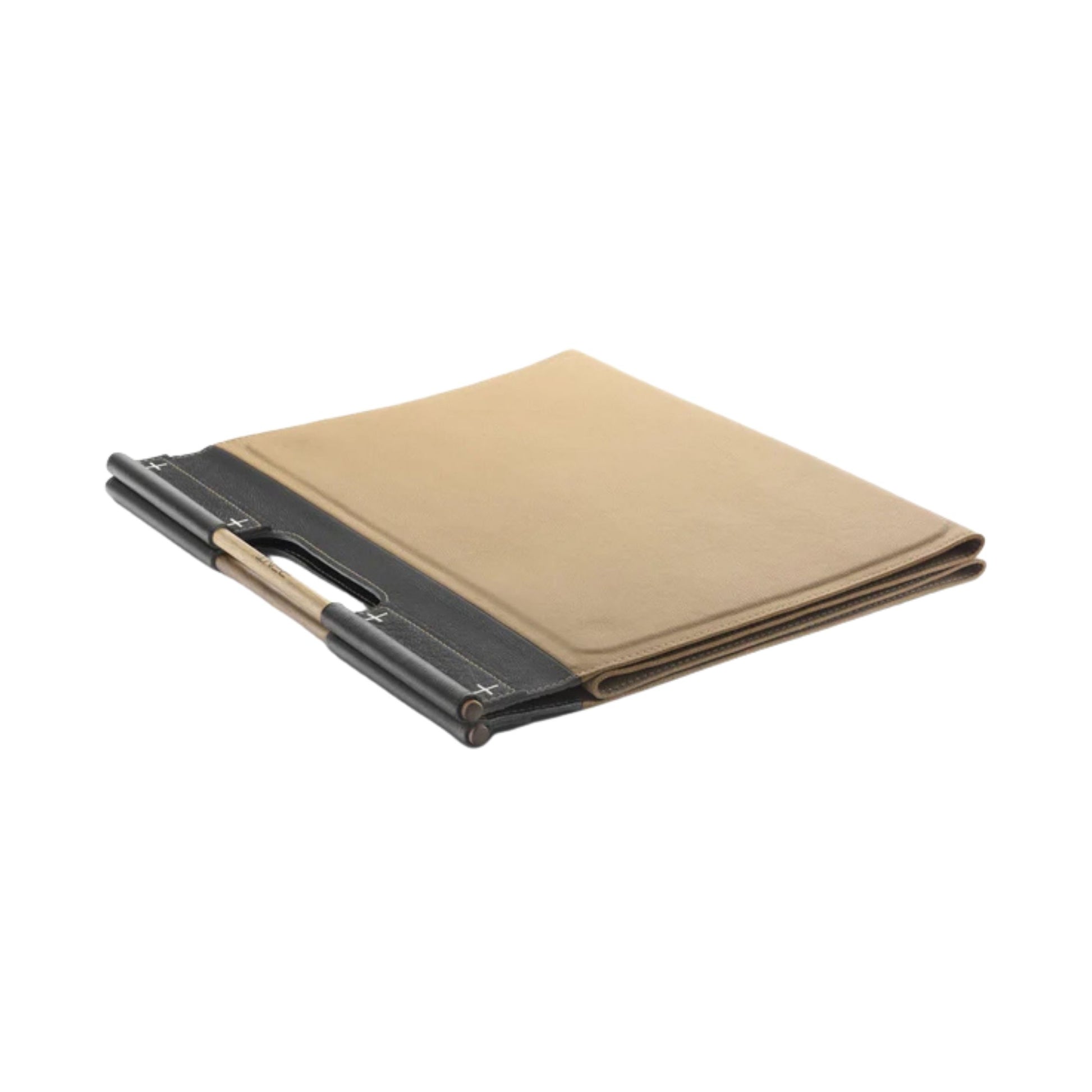 Folded view of the Luxurious fitness equipment, premium exercise mat handcrafted with natural wood and genuine Italian leather, in default beige color. PENT. MATA