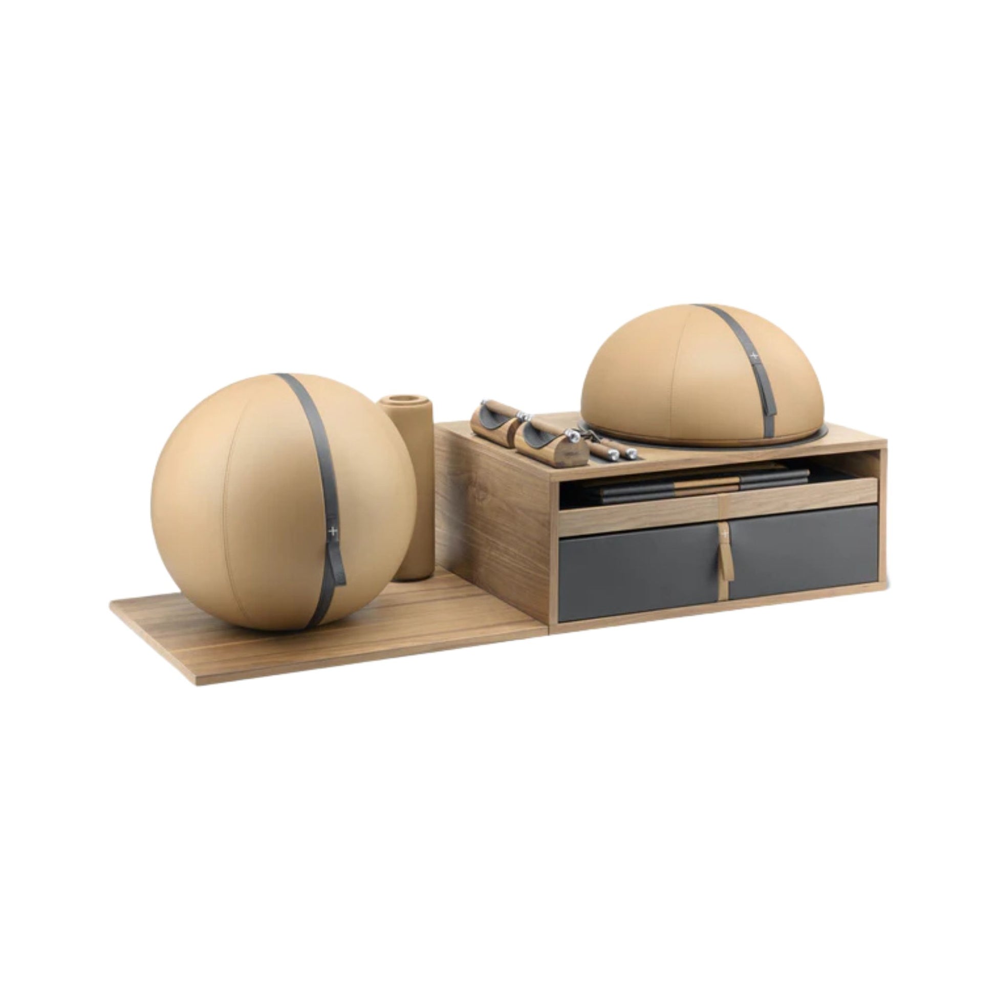 Sideview of PENT. RACKA: Skipping ropes, push up bars, fitness mat, fitness ball, balance ball and stretching roller. Handcrafted with natural Italian leather and natural wood.