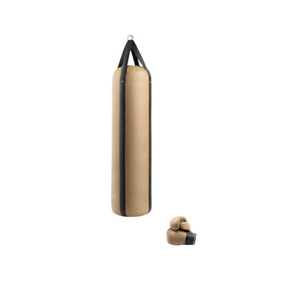 Luxury boxing equipment, handcrafted genuine Italian leather punching bag and boxing gloves, filled with genuine leather scraps. Base & accent leather in default color. PENT. RAXA 