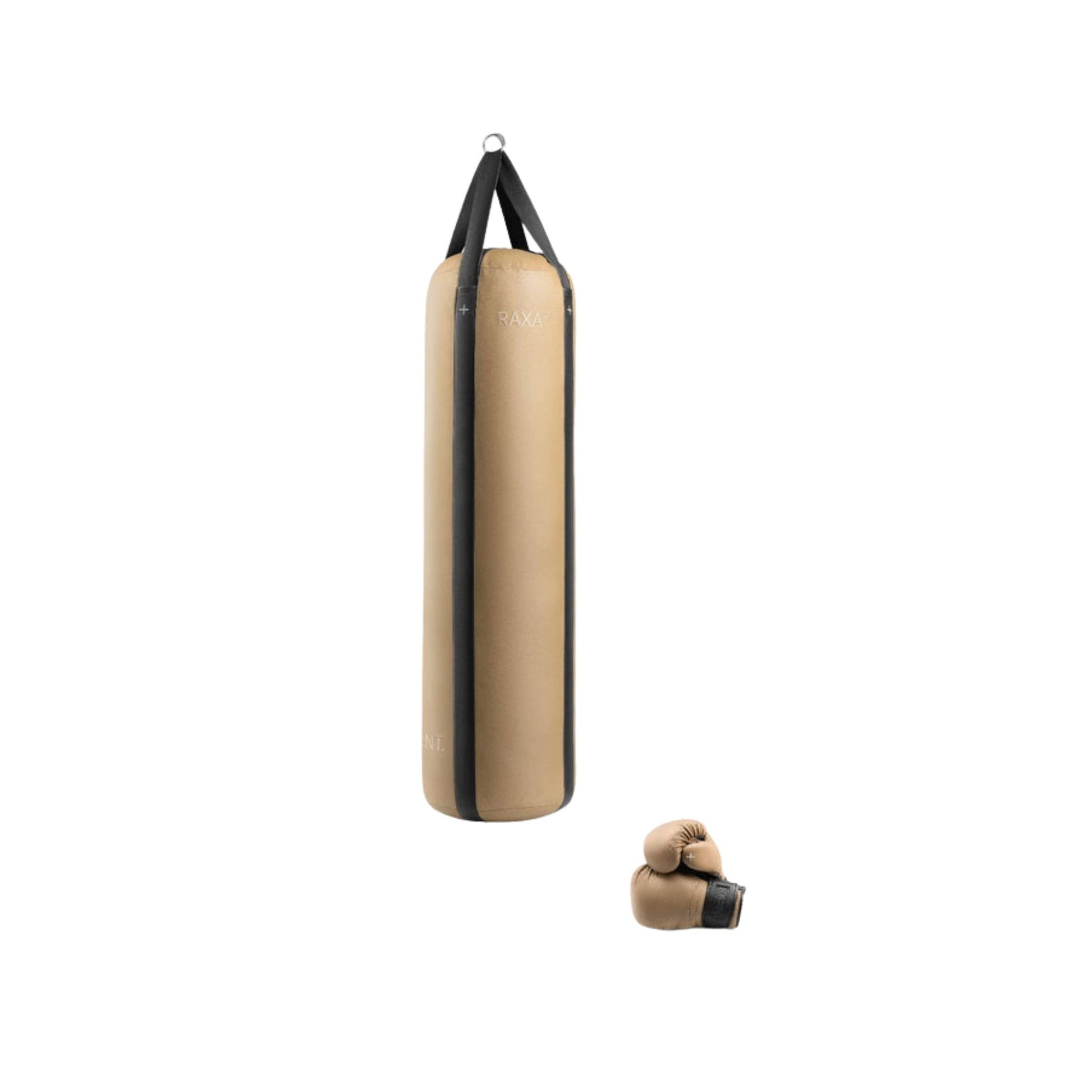 Luxury boxing equipment, handcrafted genuine Italian leather punching bag and boxing gloves, filled with genuine leather scraps. Base & accent leather in default color. PENT. RAXA 