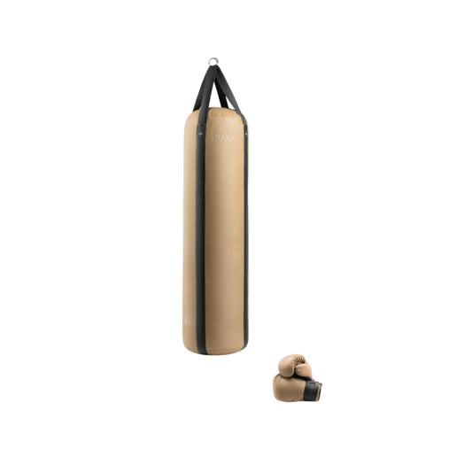 Luxury boxing equipment, handcrafted genuine Italian leather punching bag and boxing gloves, filled with genuine leather scraps. Base & accent leather in default color. PENT. RAXA 