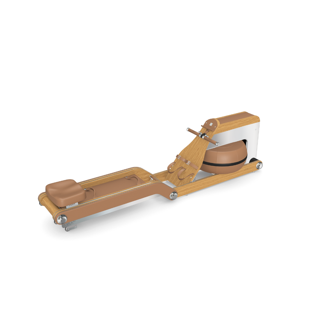 Wooden rowing machine with stainless steel and leather finish