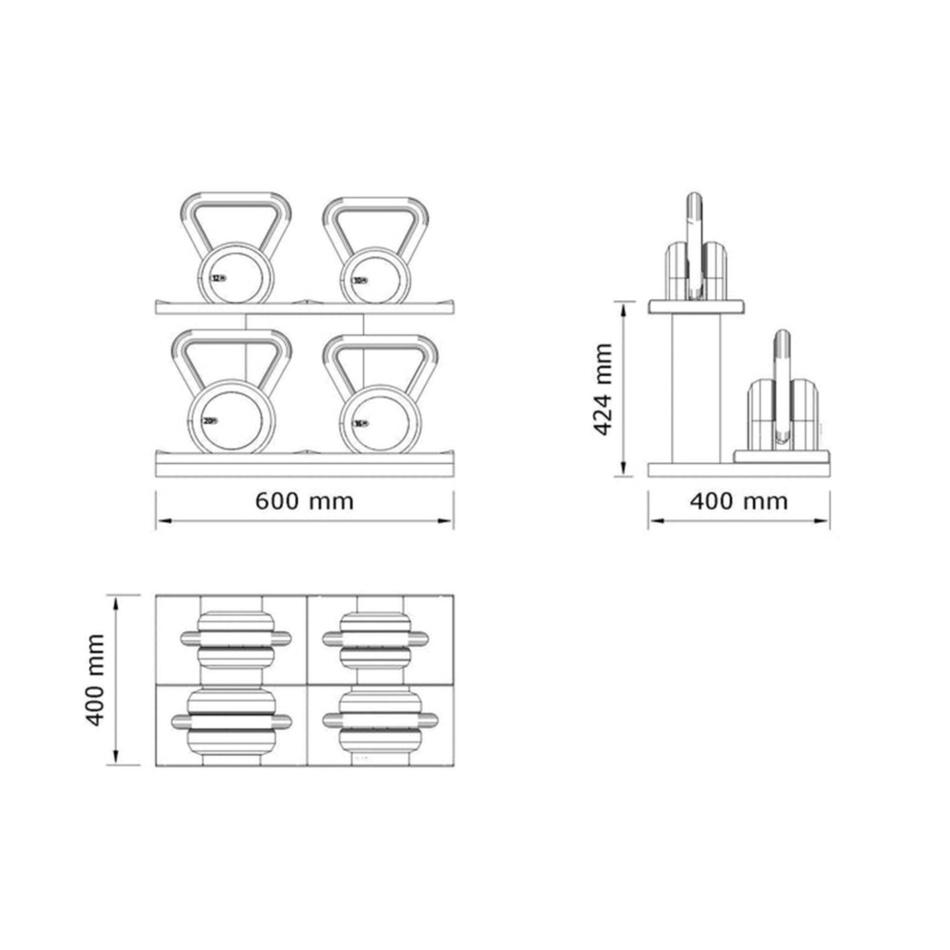 Dimension image of the Luxury fitness equipment, luxury kettlebells on horizontal wooden stand, handcrafted with stainless steel, premium Italian leather and natural wood. PENT. LOVA Set - Kettlebells on a Horizontal Stand