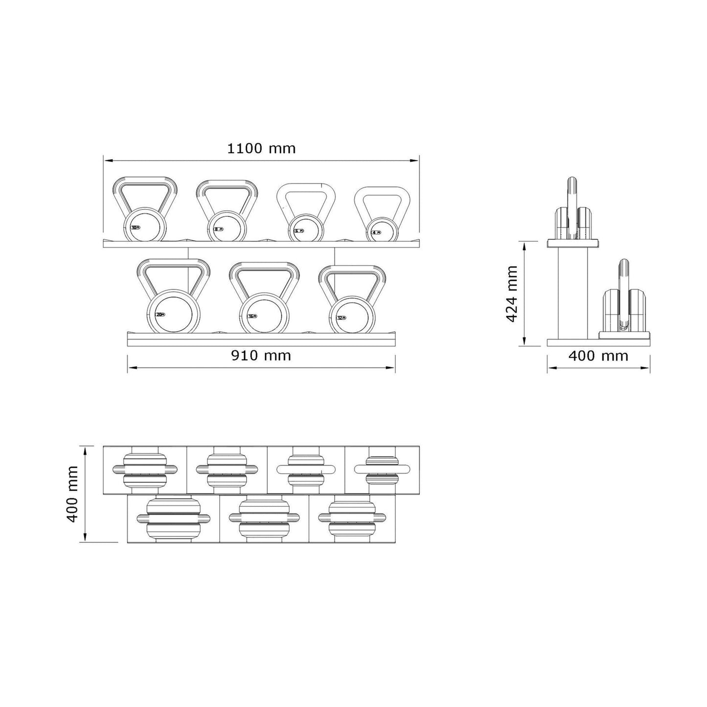 Dimension image of the Luxury fitness equipment, luxury kettlebells on horizontal wooden stand, handcrafted with stainless steel, premium Italian leather and natural wood. PENT. LOVA Set - Kettlebells on a Horizontal Stand