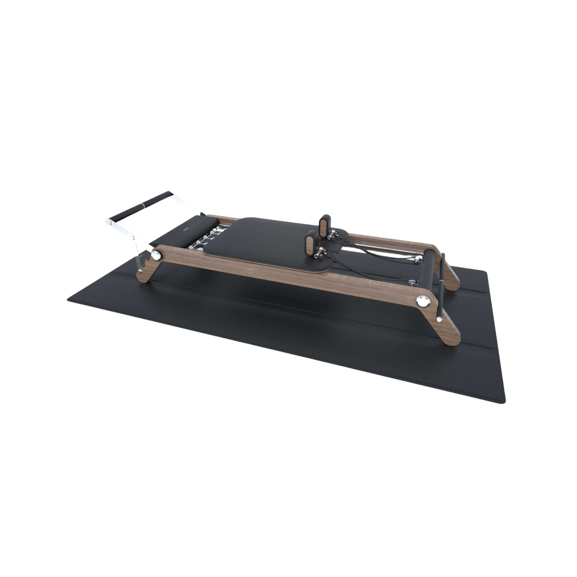 A luxury wooden Pilates reformer with leather padding and adjustable foot bar, made with natural wood and black premium Italian leather, PENT. PILATES - REFORMER