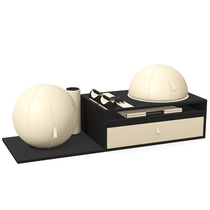PENT. RACKA: Skipping ropes, push up bars, fitness mat, fitness ball, balance ball and stretching roller. Handcrafted with natural Italian beige base leather, beige accent leather and black ash wood.