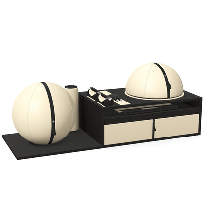 PENT. RACKA: Skipping ropes, push up bars, fitness mat, fitness ball, balance ball and stretching roller. Handcrafted with natural Italian beige base leather, black accent leather and black ash wood.