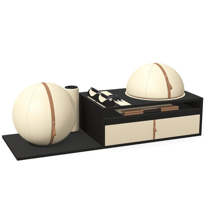 PENT. RACKA: Skipping ropes, push up bars, fitness mat, fitness ball, balance ball and stretching roller. Handcrafted with natural Italian beige base leather, brown accent leather and black ash wood.