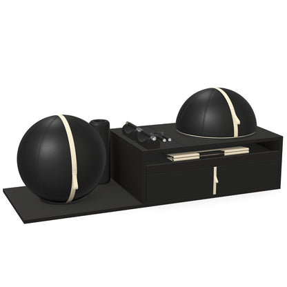 PENT. RACKA: Skipping ropes, push up bars, fitness mat, fitness ball, balance ball and stretching roller. Handcrafted with natural Italian black base leather, beige accent leather and black ash wood.