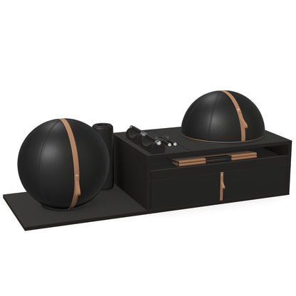 PENT. RACKA: Skipping ropes, push up bars, fitness mat, fitness ball, balance ball and stretching roller. Handcrafted with natural Italian black base leather, brown accent leather and black ash wood.